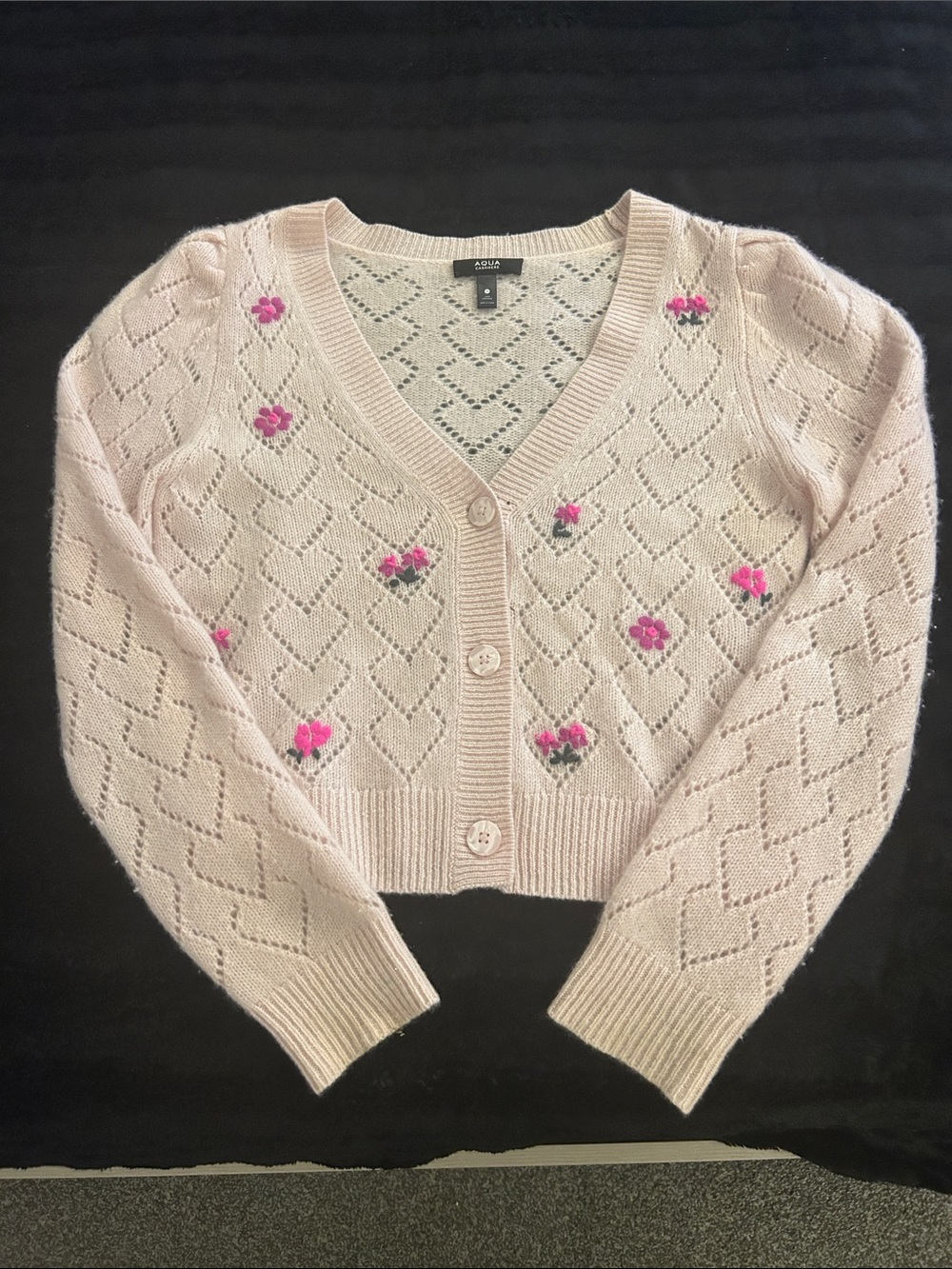 Aqua Light Pink Pointelle V-Neck Cardigan with Embroidered Pink Flowers